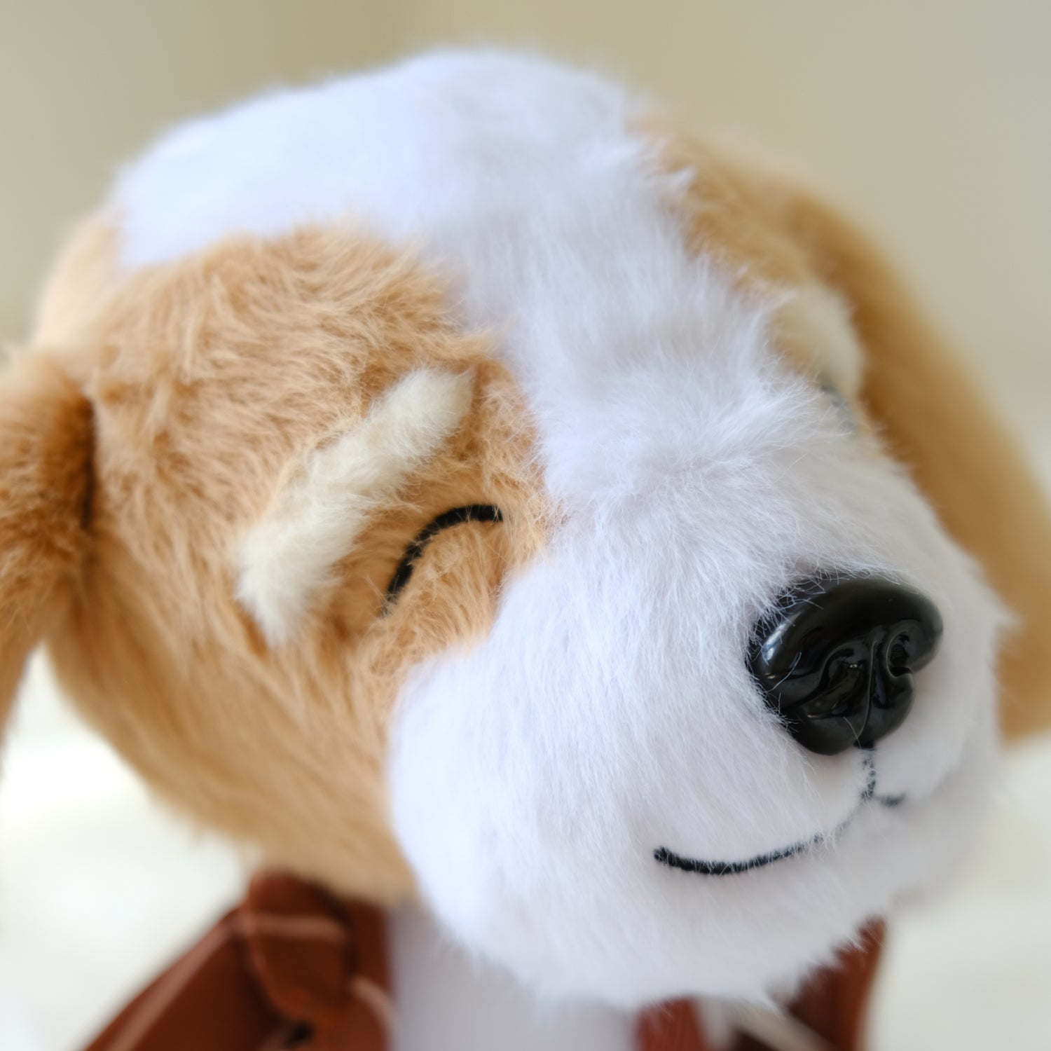 a side view feature of the face of Luckyadoodle in red suit. A winky eye, so adorable